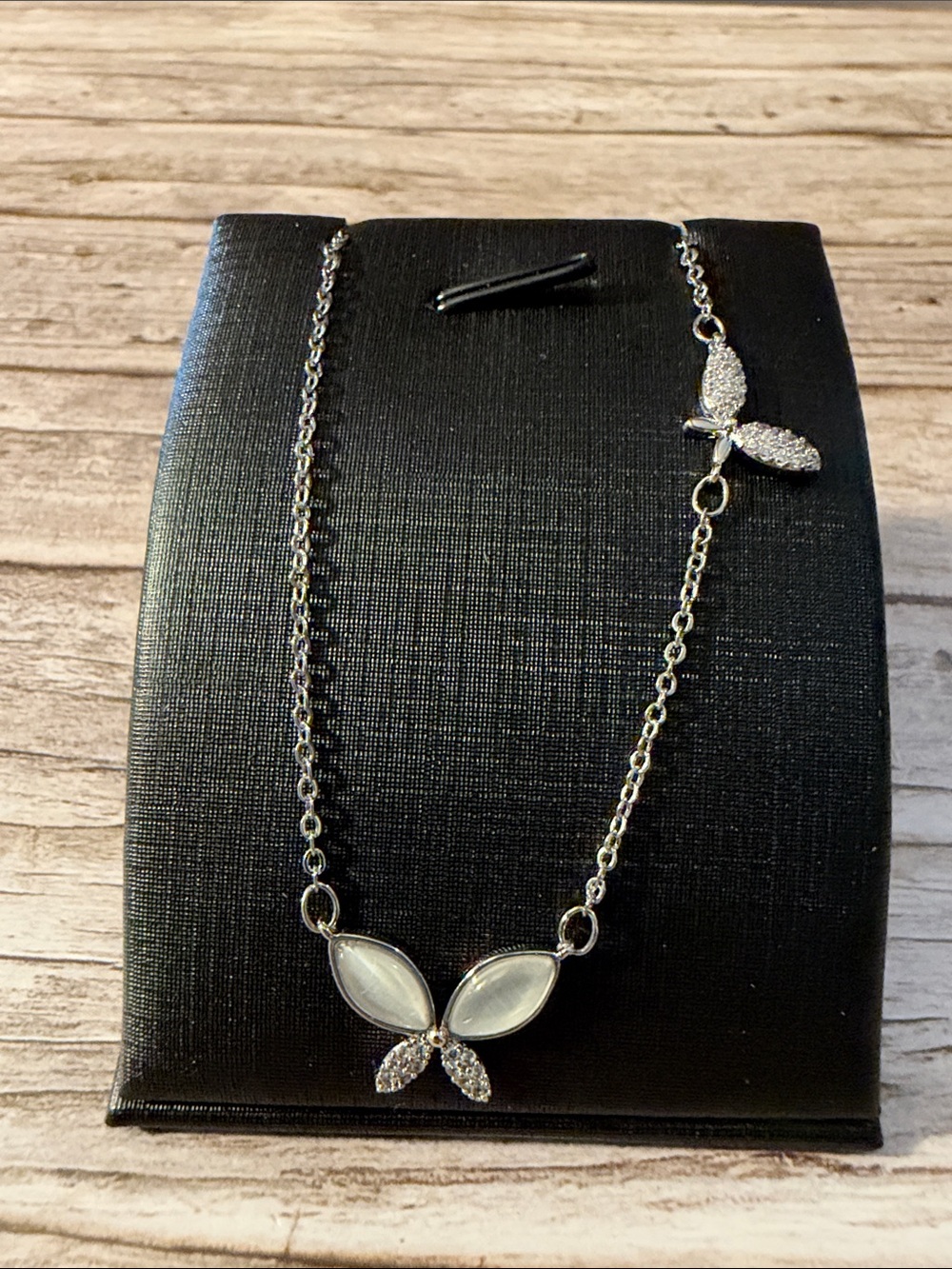 S925 Sterling Silver Gold Opal Butterfly Pendant Necklace White Crystal Wings